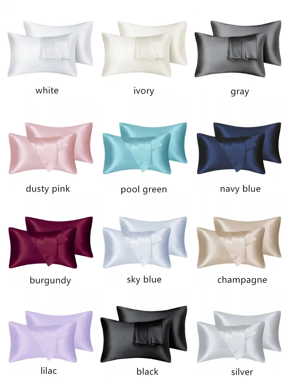 A collection of silky satin pillow covers in various colors including white, ivory, gray, dusty pink, teal, navy blue, burgun
