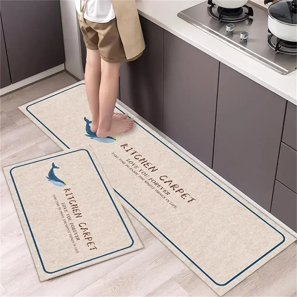 Two rectangular kitchen rugs with a diamond print are displayed on a light wooden floor.