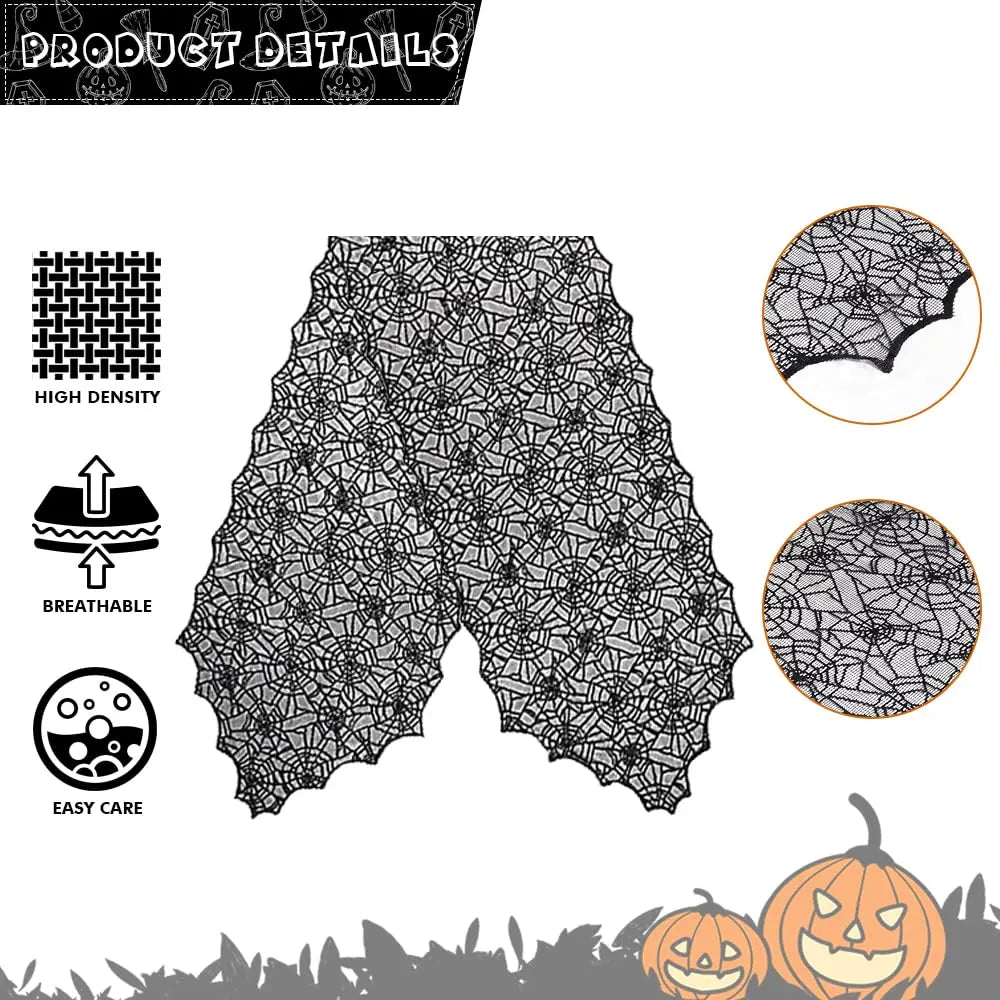 Black lace table runner with a spider web pattern suitable for Halloween