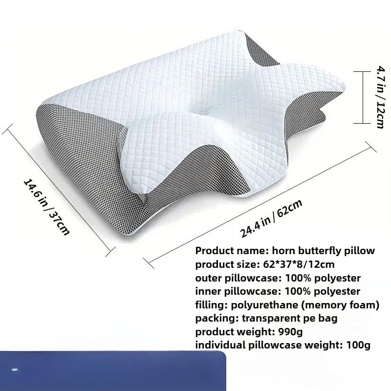 White horn butterfly memory foam pillow with a textured cover and transparent packaging bag