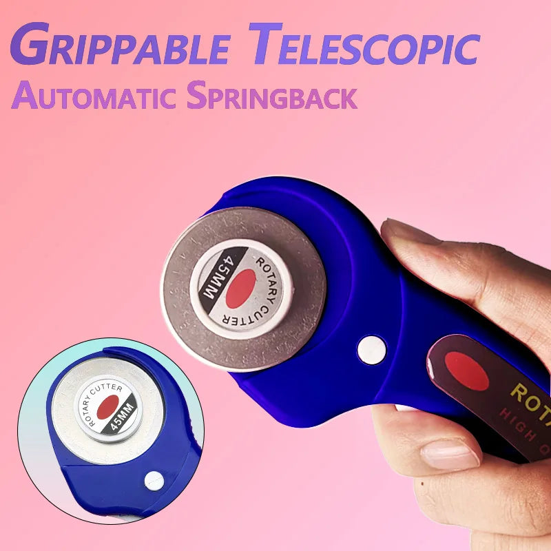 A hand holds a blue telescopic automatic springback rotary cutter with a 45mm cutter and cutting mat.
