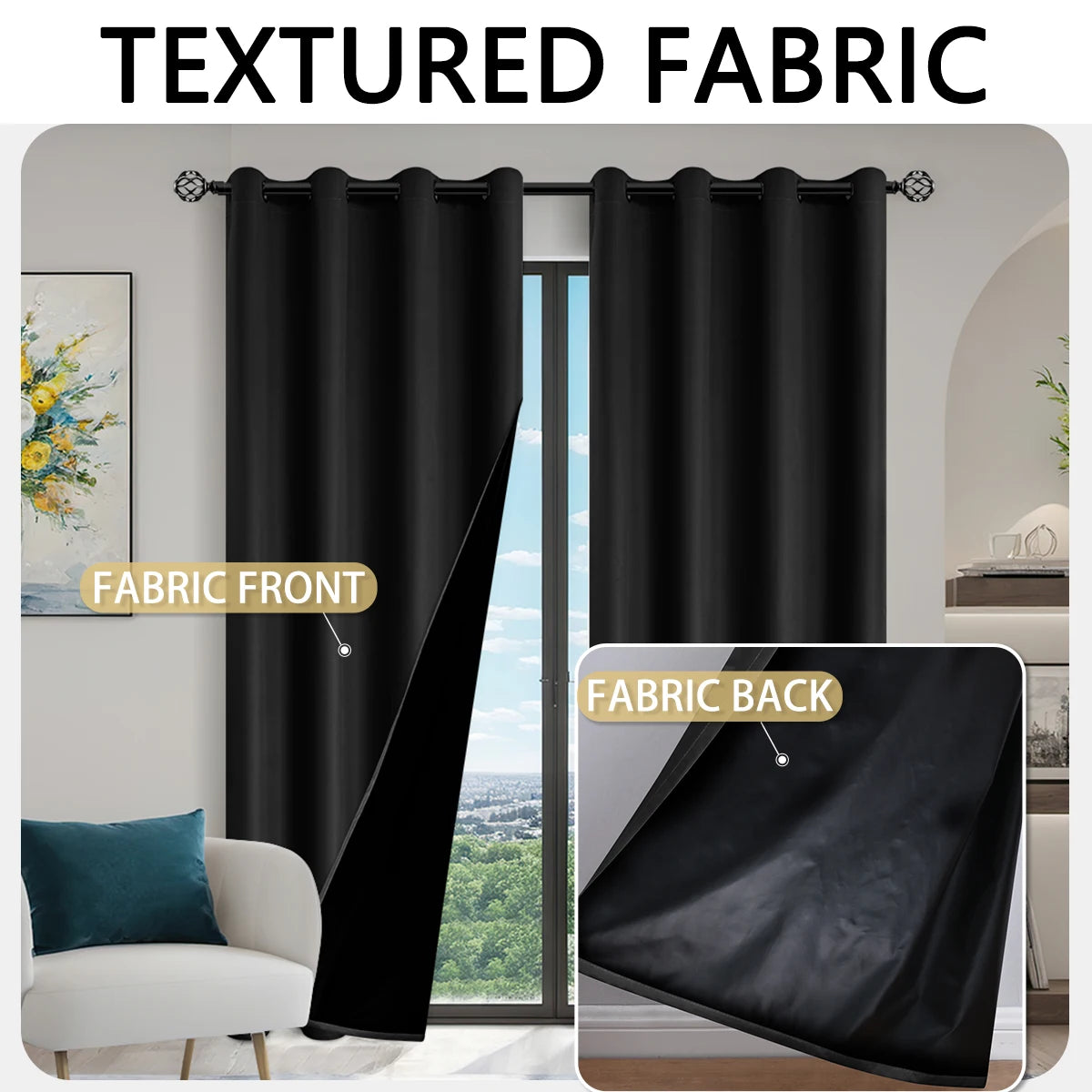 A set of textured black fabric curtains shown in front and back views, hanging over a window.