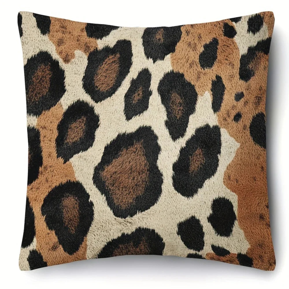 A square decorative pillow cover featuring a brown and black leopard print pattern on a beige background.
