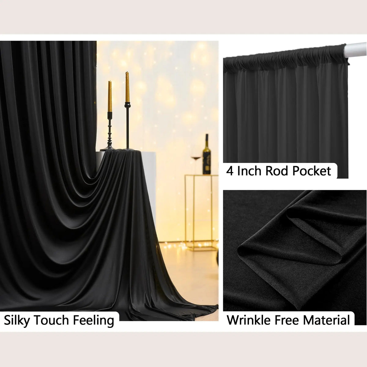 Black silky touch curtain panel with a rod pocket and wrinkle-free material
