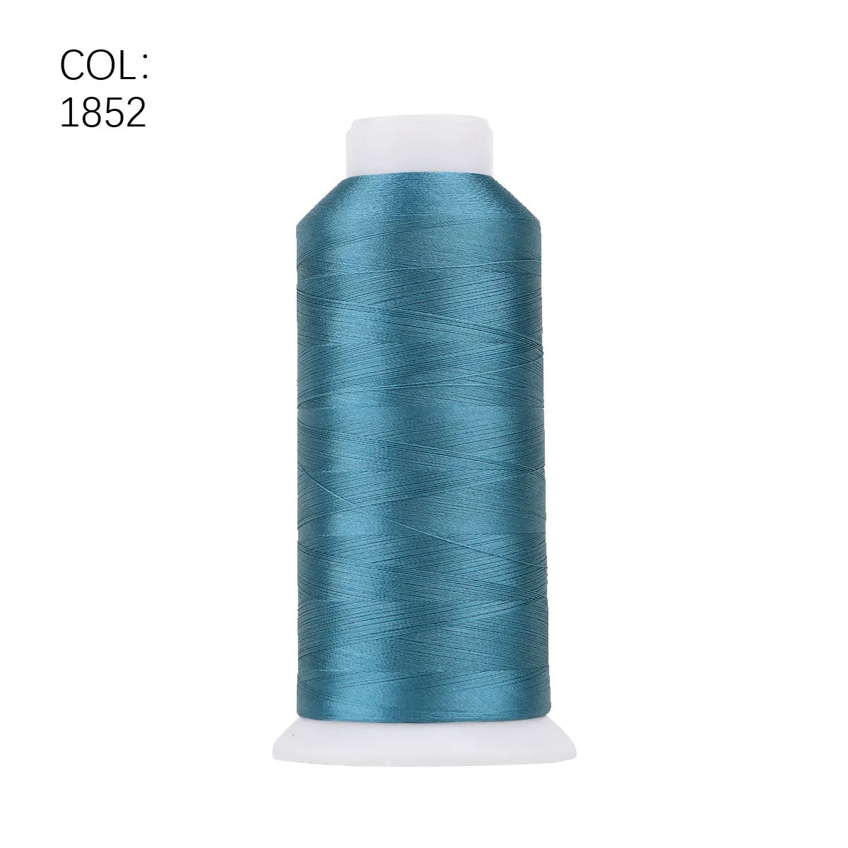 A roll of teal blue polyester embroidery thread with a white core.