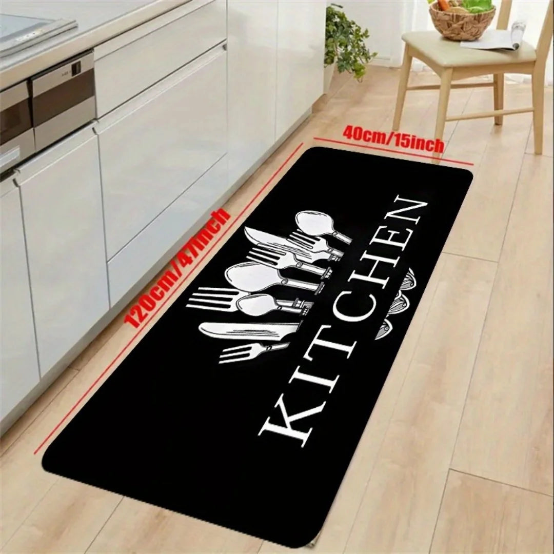 Black non-slip kitchen mat with measurements for floor protection