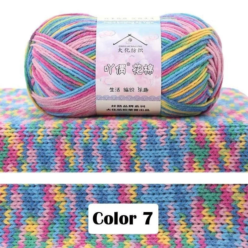 A ball of multi-colored yarn with pink, blue, green, and yellow strands displayed on a knitted fabric background.
