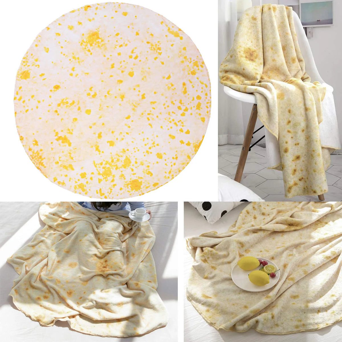 A yellow and white patterned blanket throw featuring a pizza design, shown draped over a chair and folded.