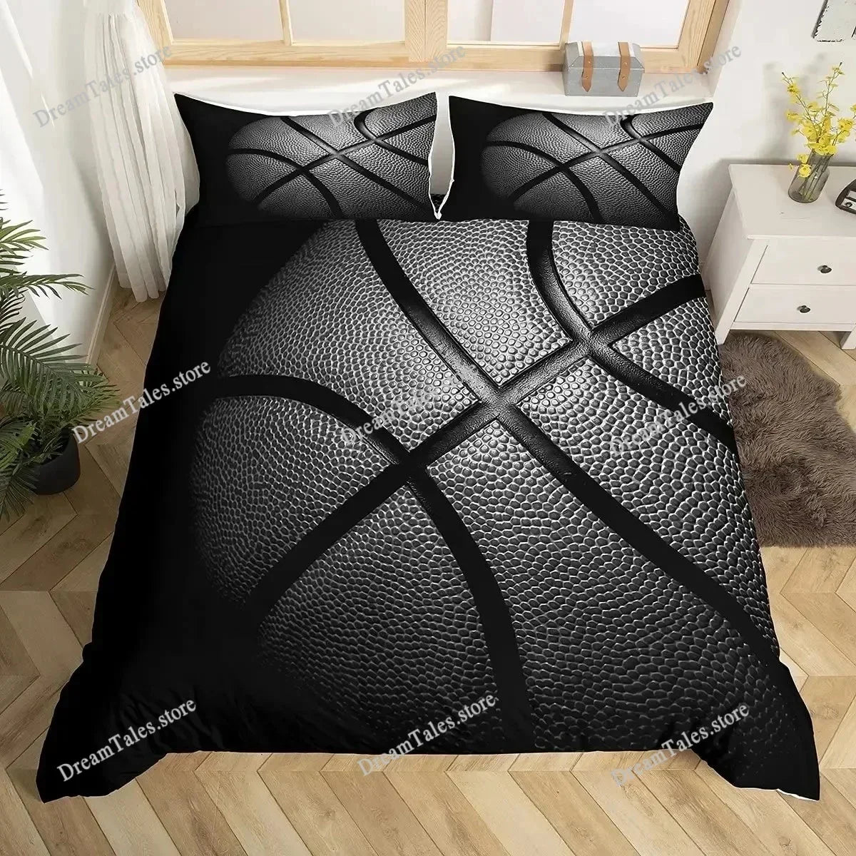 Black leather texture duvet cover featuring a black basketball design for boys and teens