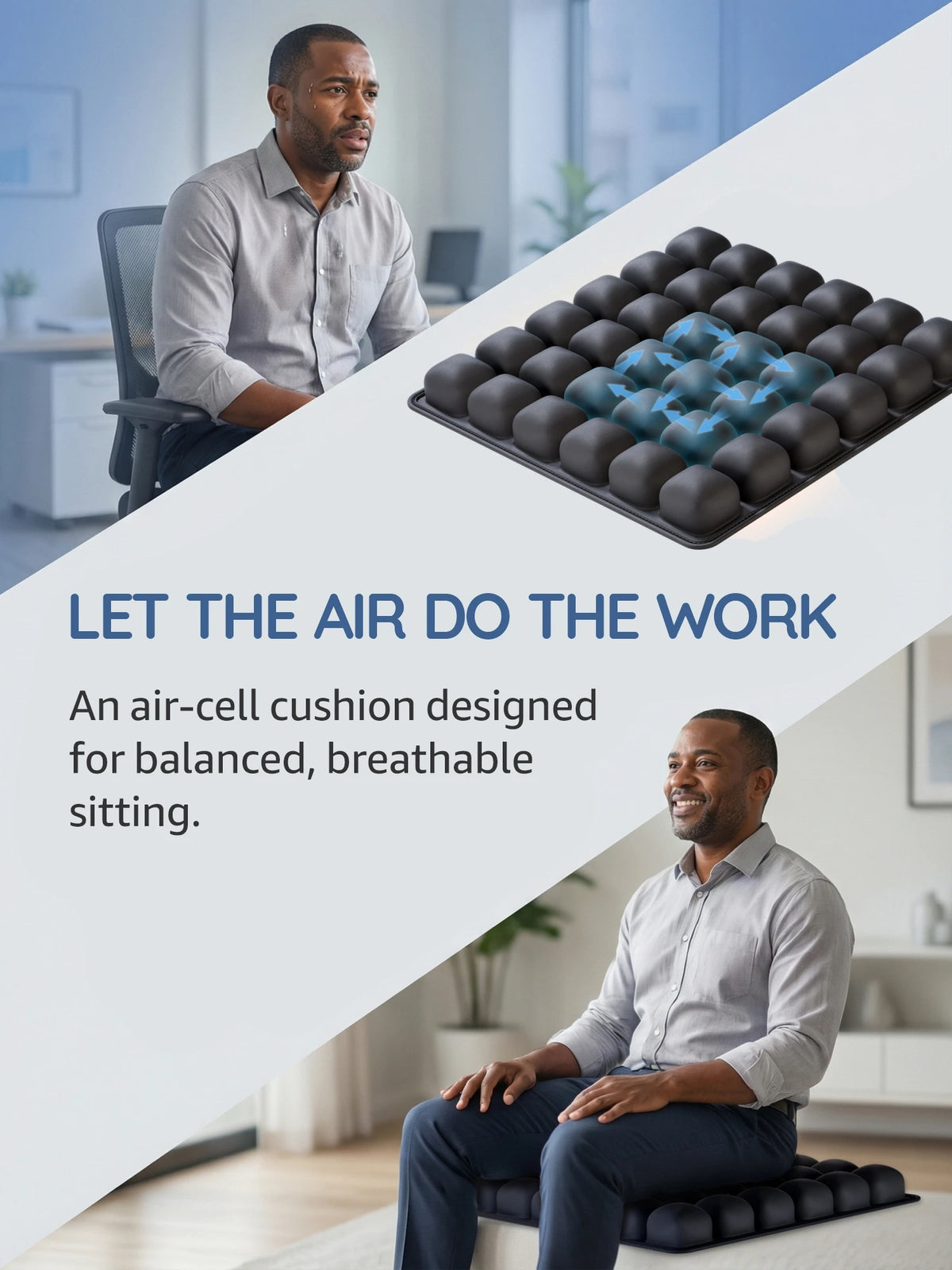 A gray-skinned man sits on a black air-cell cushion designed for balanced, breathable sitting.