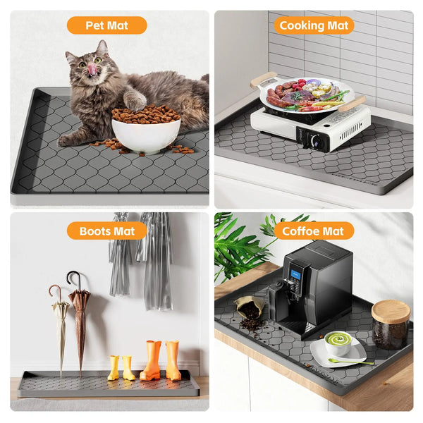 A collection of silicone mats including a pet mat, cooking mat, boots mat, and coffee mat.