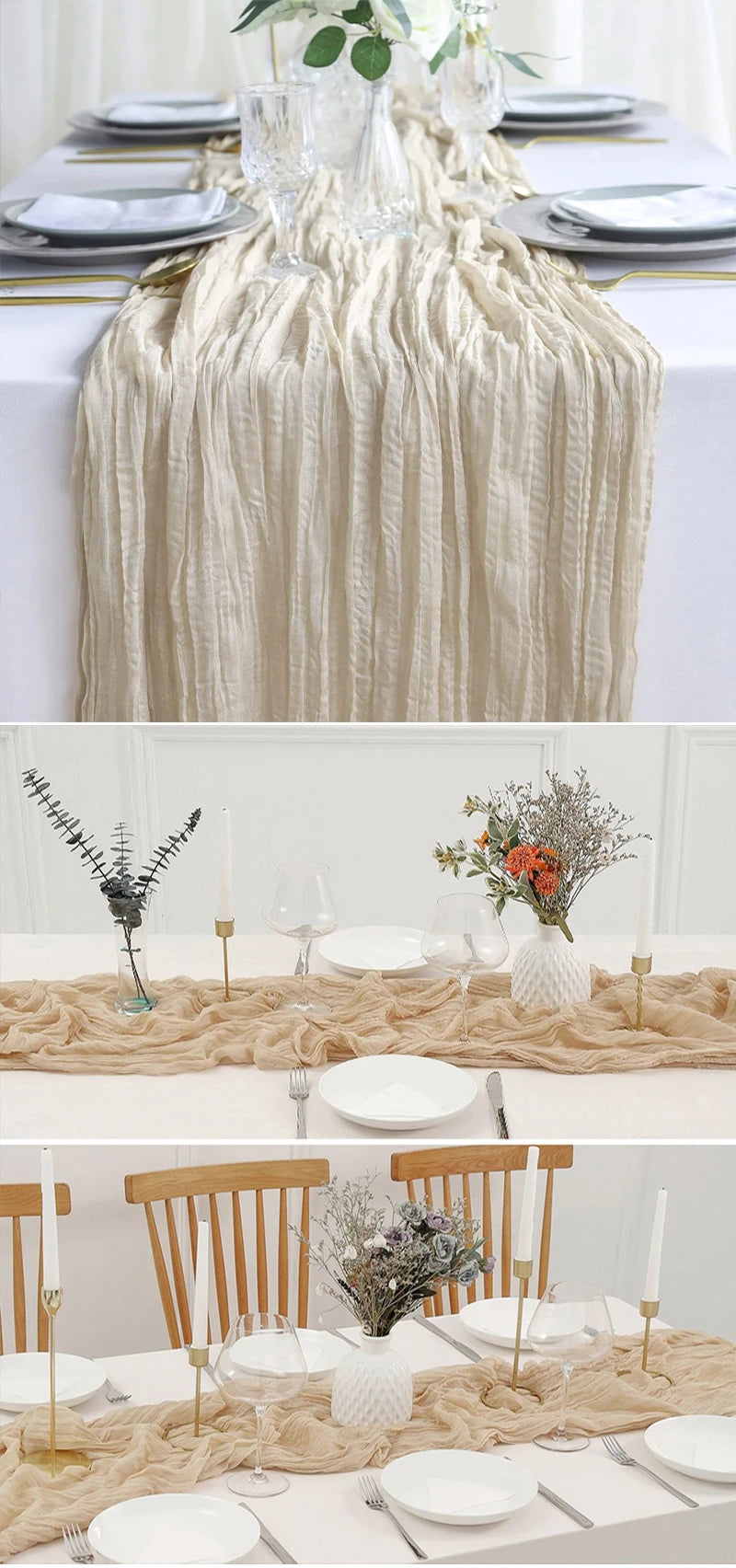 A close-up of a beige semi-sheer gauze table runner draped over a white tablecloth with place settings.