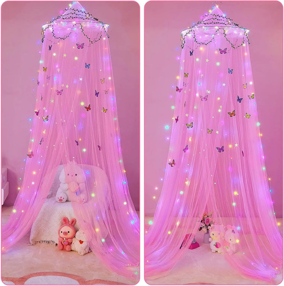 Pink decorative bed curtain mosquito net featuring glowing lights and stuffed animals