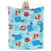 A blue and white flannel throw blanket featuring a cartoon design of Elmo and Friends characters.