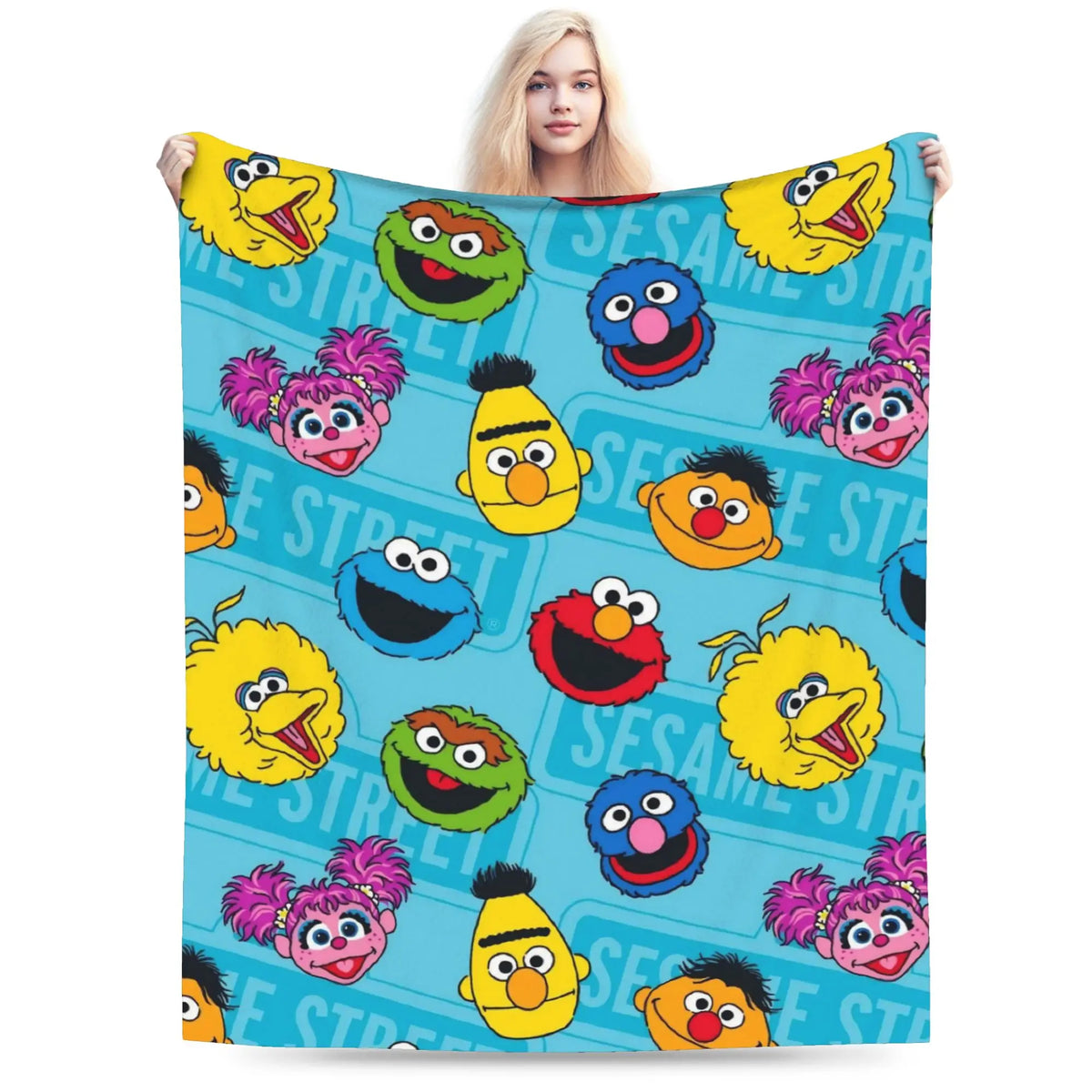 A colorful flannel throw blanket featuring cartoon characters from Sesame Street like Elmo and Friends.