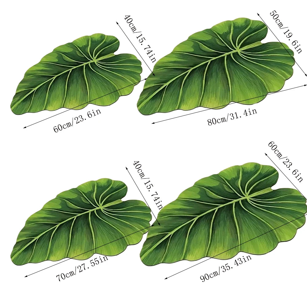 A set of large, green, leaf-shaped bathroom mats with rubber backing shown at various sizes.
