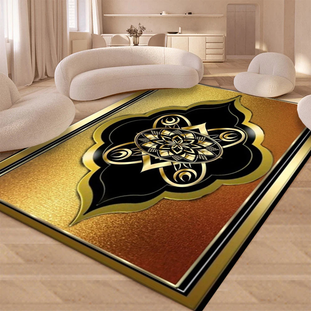 A modern geometric soft area rug featuring gold, black, and bronze tones in a decorative pattern.