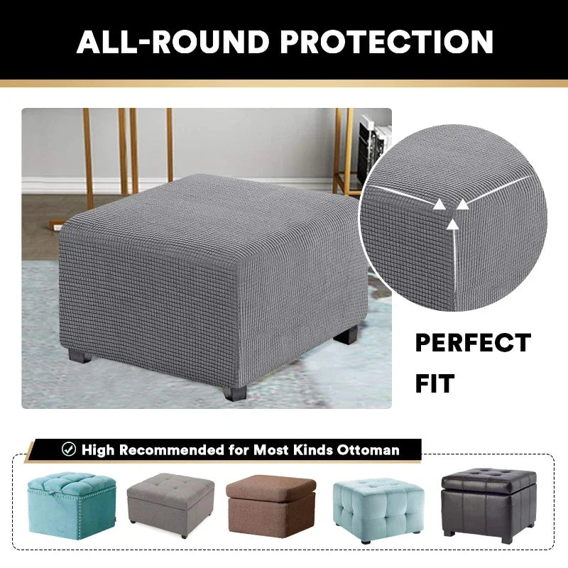 A gray square fabric footrest ottoman with a textured pattern shown in various sizes and fits.