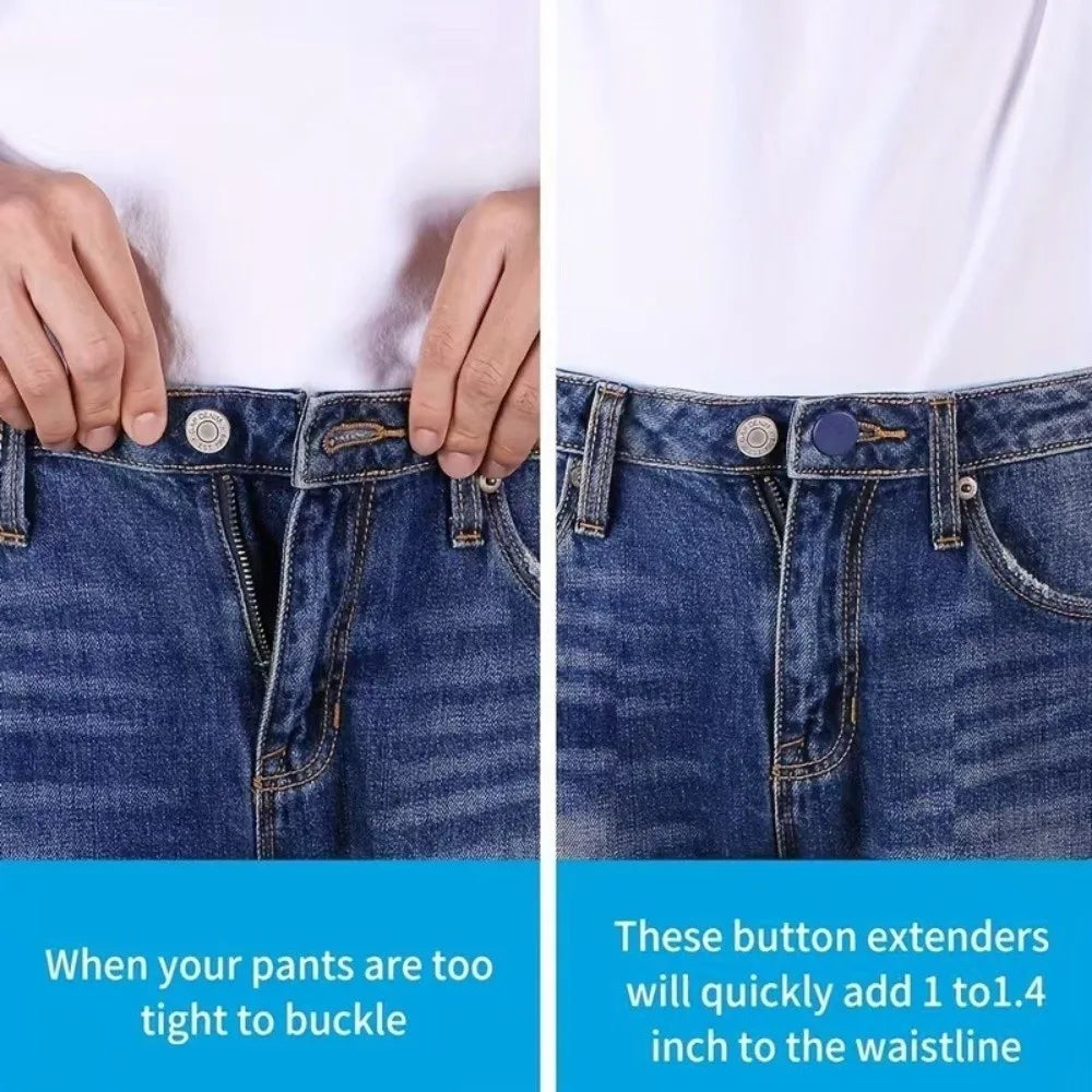 Close-up of denim jeans showing metal button extenders used to adjust the waistband.