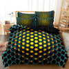 A teal duvet cover set featuring a yellow polka dot hole pattern on a dark background.