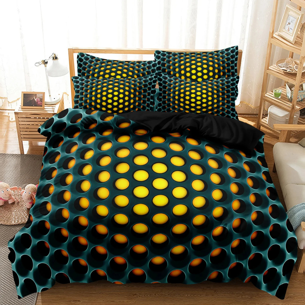 A teal duvet cover set featuring a yellow polka dot hole pattern on a dark background.