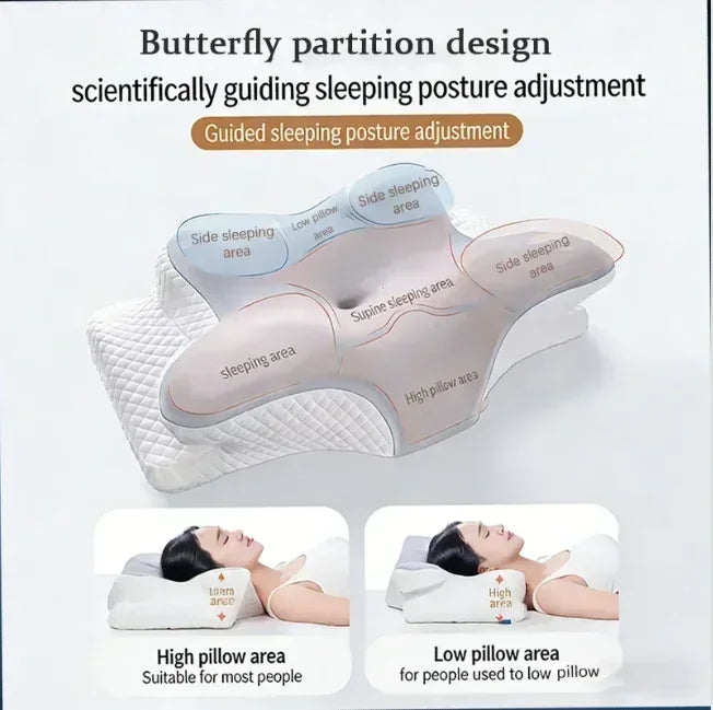 Butterfly partition design sleeping pillow with side and supine sleeping areas for guided posture adjustment