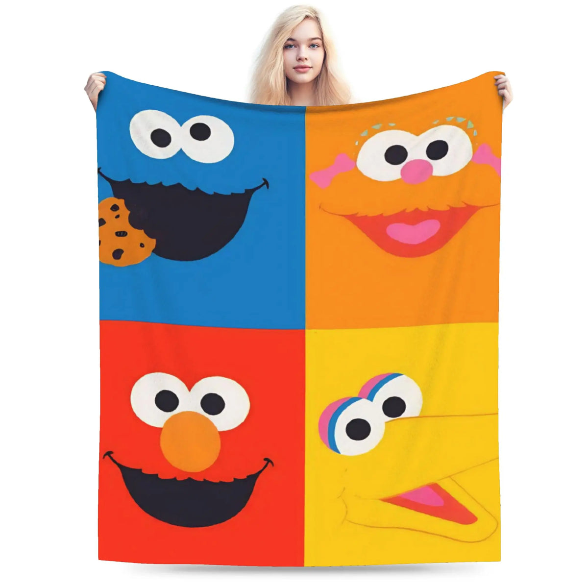 A colorful flannel throw blanket featuring cartoon characters like Elmo and Friends.