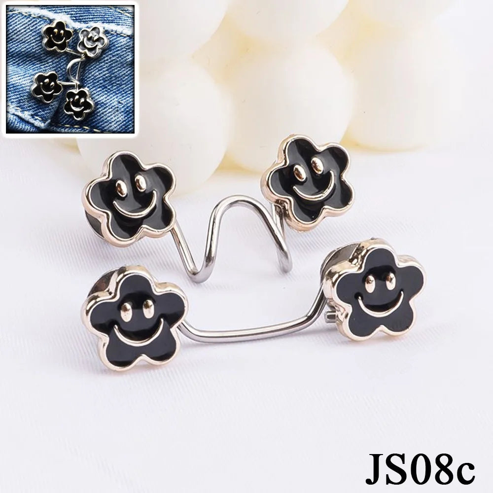Silver alloy button clips shaped like smiling flowers for adjusting jeans waist tightness