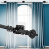 Black curtain rod brackets and a sliding rod are shown in front of light blue curtains.