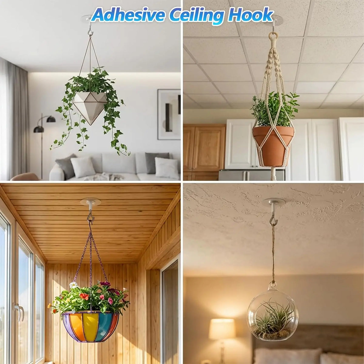 A set of adhesive ceiling hooks and a hanging plant are shown in various indoor settings.