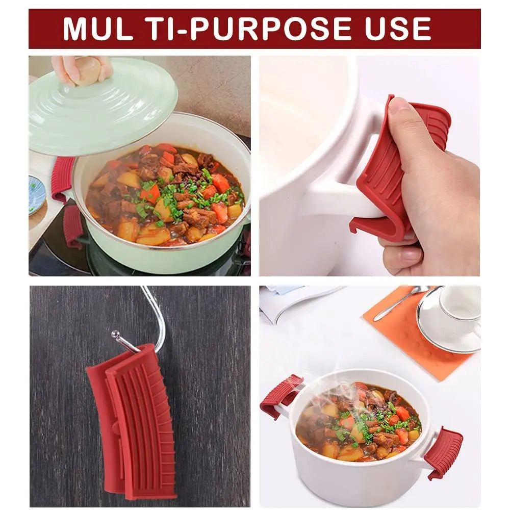 Red silicone pot handle covers used to protect cast iron pans during cooking.