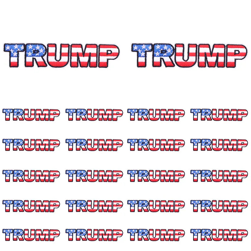 Red embroidered letter slogan applique patches featuring the text TRUMP in blue stars.