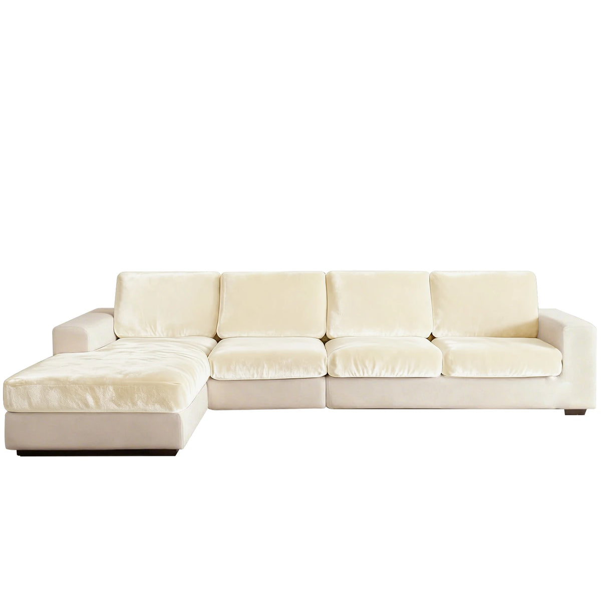 A light beige plush stretch sofa seat cushion cover set featuring anti-slip elastic.