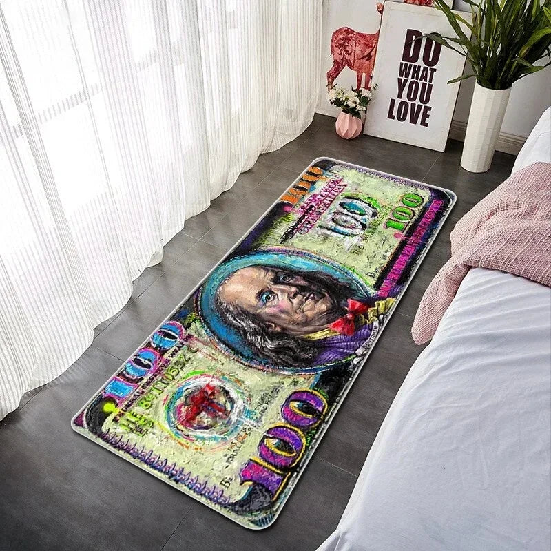 A long, rectangular floor mat featuring a graphic design of money and a face on a dark gray floor.