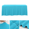 A bright cyan stretchable waterproof rectangle tablecloth draped over a table.