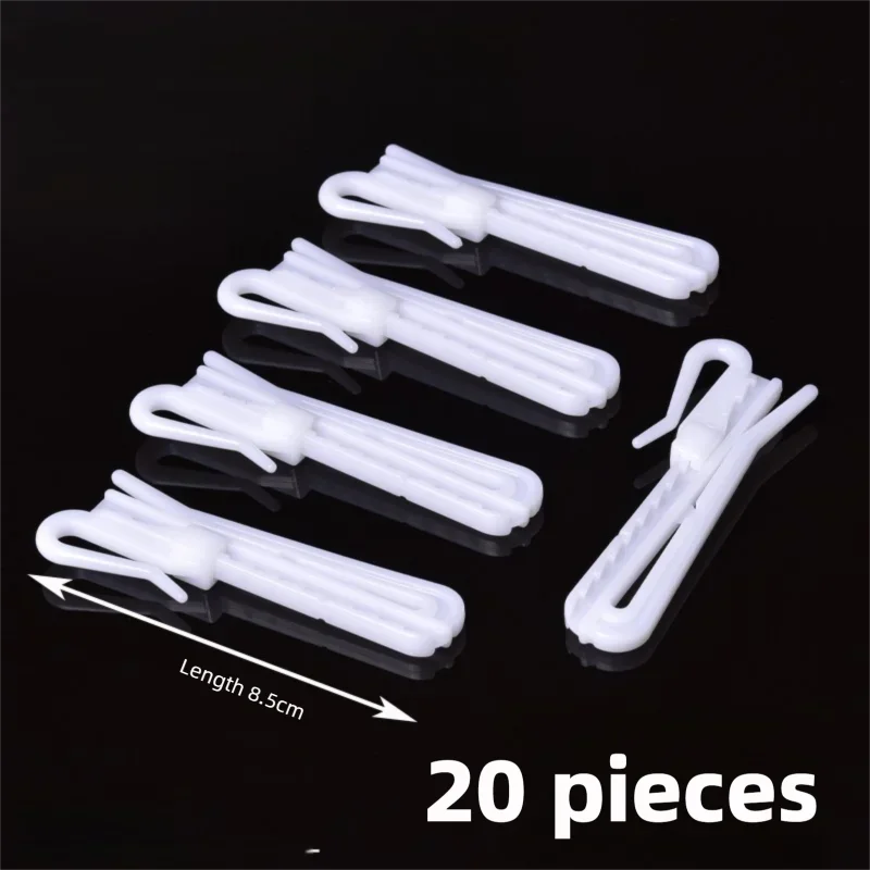 A set of 20 white adjustable curtain hanging hooks shown against a black background.