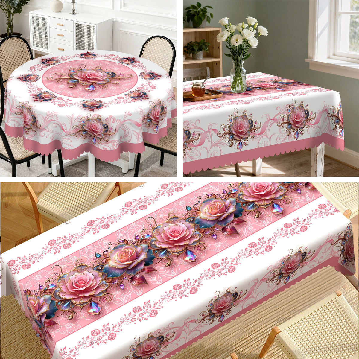 Pink floral tablecloth with embossed edges featuring roses and foliage on a white background.