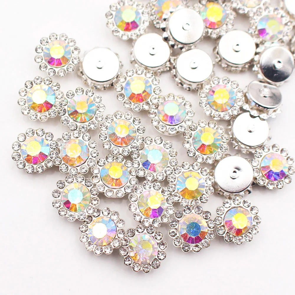 Silver rhinestone buttons shaped like sunflowers arranged in a cluster