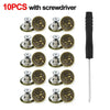 A set of ten metal jeans buttons and a screwdriver for repair