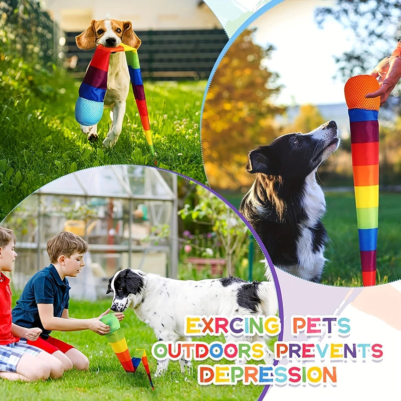 A dog is playing with a rainbow colored ball outdoors, surrounded by colorful circles and text promoting pets and depression 