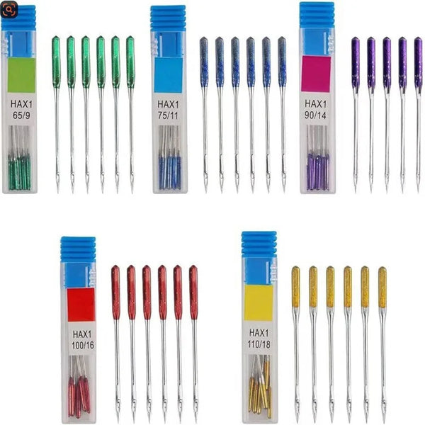 A collection of professional anti-skip sewing needles in various sizes and colors packaged in clear plastic tubes.