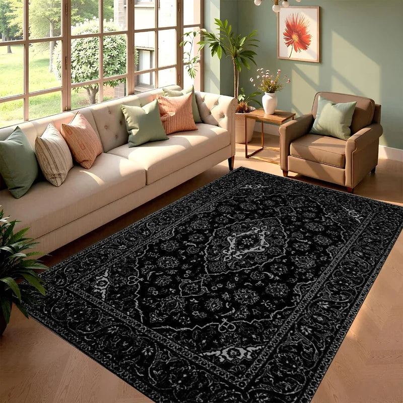 A black and white cowhide print area rug placed in a living room with a sofa and potted plants.