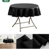Black satin round table cloth displayed on a metal stand, showing the fabric texture and drape.