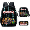 A black backpack featuring a Roblox theme with cartoon figures and text on the front.