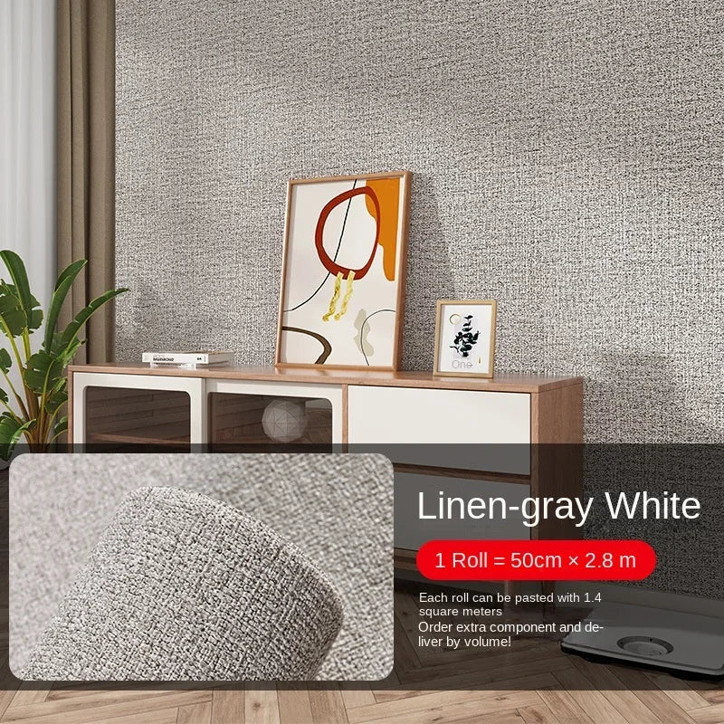 Linen-gray white self-adhesive 3D thermal insulation wallpaper roll with a wooden shelf and potted plant