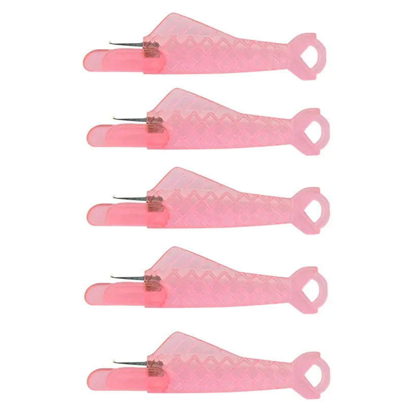 A set of five pink plastic mini hand sewing needle threader kits.