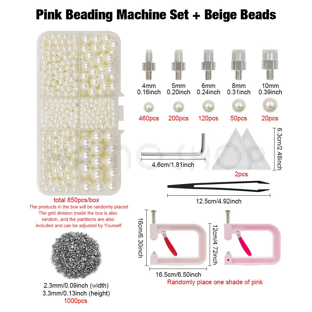 Pink beading machine set with various sized beads and beige beads for crafting