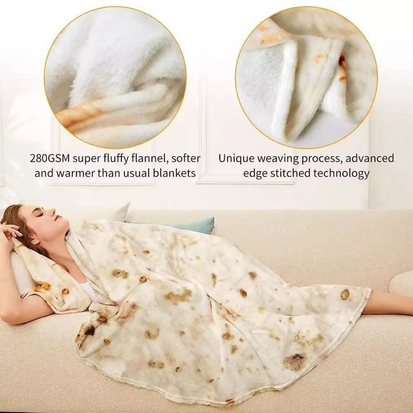 A woman relaxing while using a light-colored plush throw blanket with a pizza pattern.