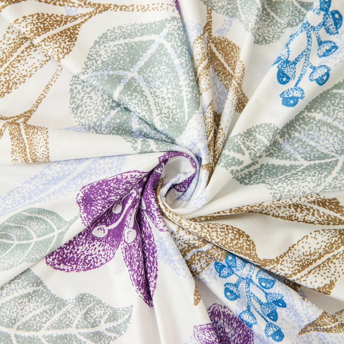 A close-up of a floral print elastic sofa protective cover featuring leaves in shades of green, brown, and purple on a white 