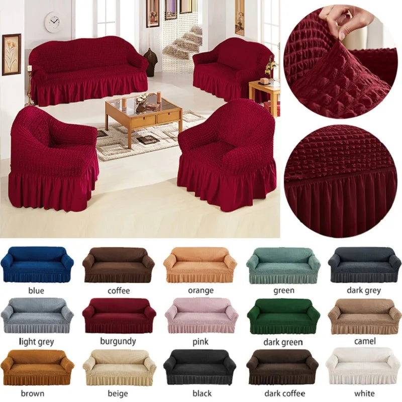 A variety of stretch knit sofa covers in various colors including red, maroon, green, blue, and beige.